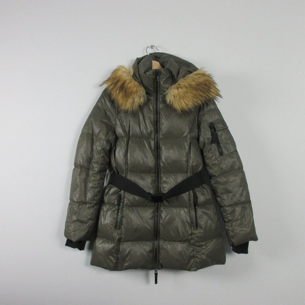 S13 Chalet Belted Faux Fur Women's M Green Trim Down Hooded Puffer Jacket